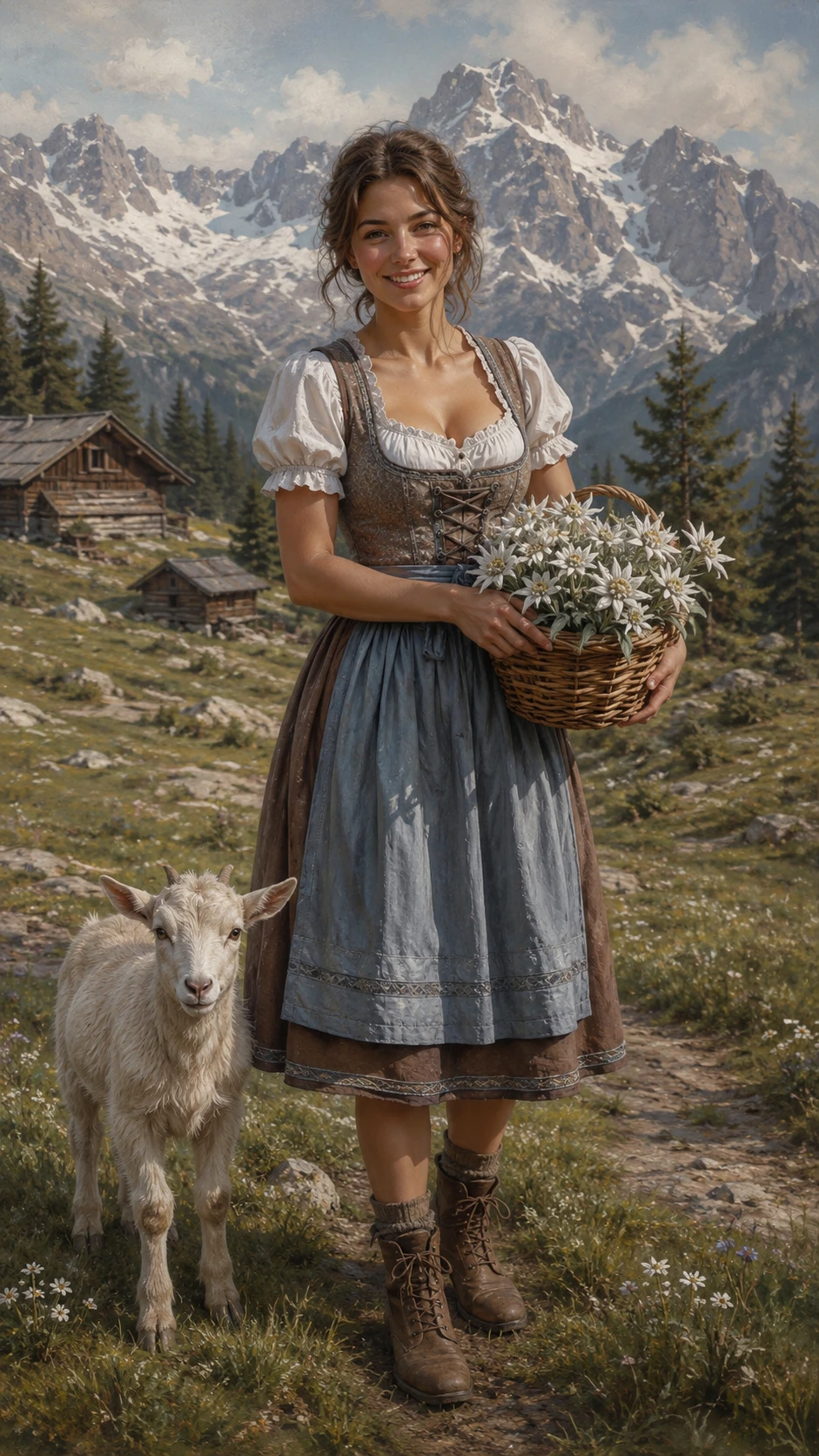 Mujer con dirndl y cabrito en un prado alpino