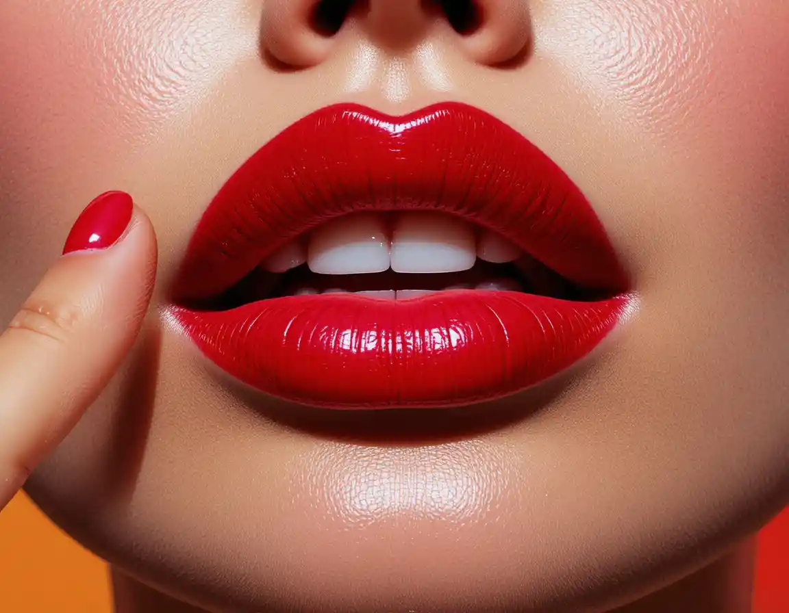 Sensual close up of glossy red lips and tongue