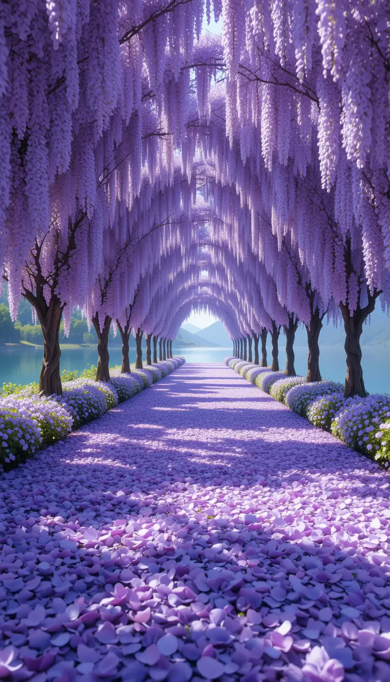 Wisteria Flower Tunnel Beside A Tranquil Blue Lakeside Path