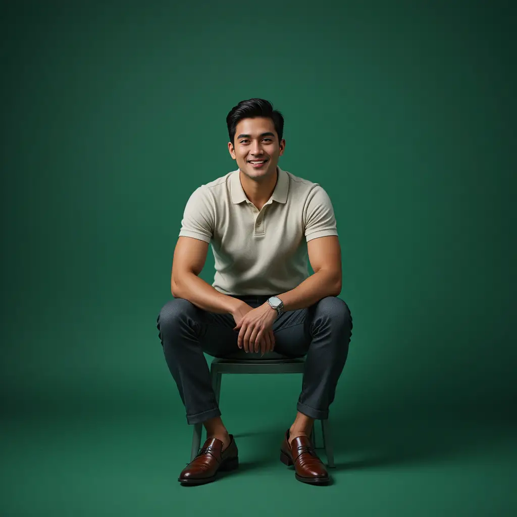 Stylish Malaysian man seated in a minimalist studio portrait