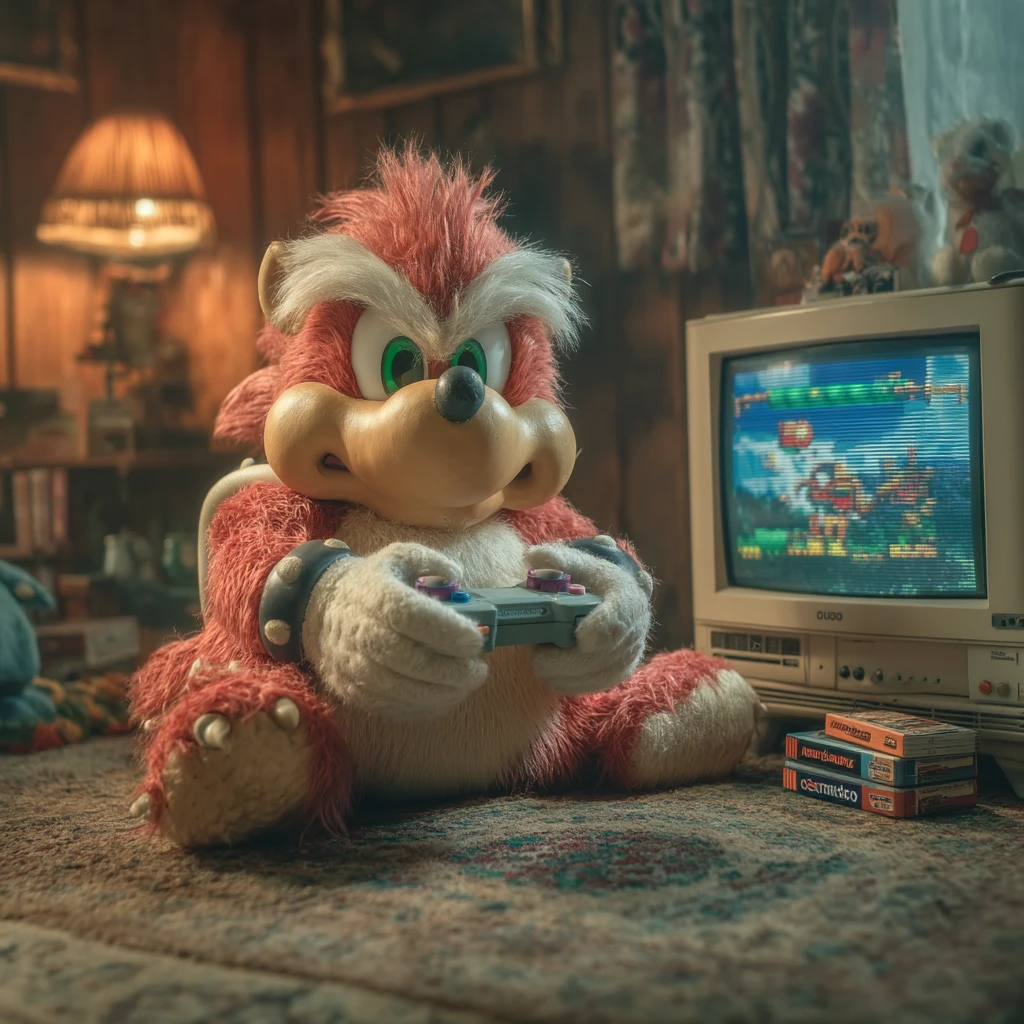 Anthropomorphic red creature gaming in a cozy 90s living room