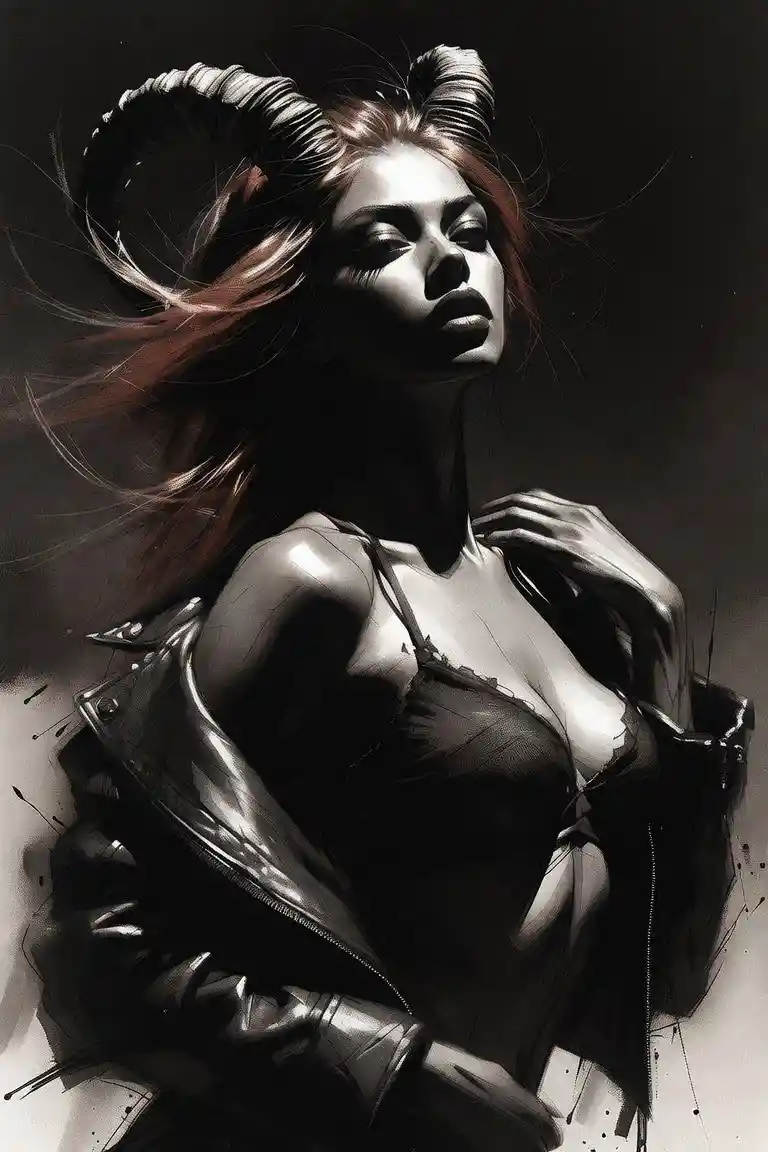 Demonic woman with ram horns in dramatic monochrome portrait