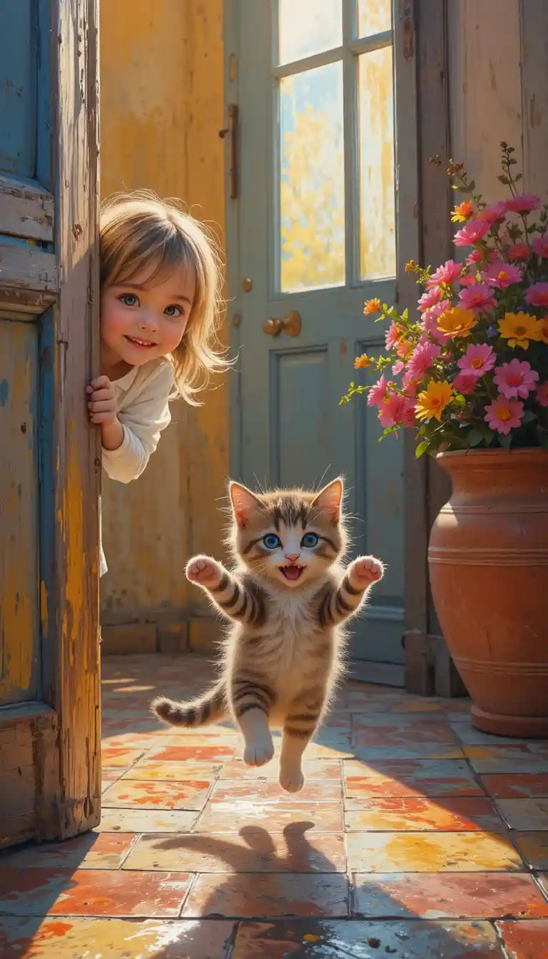 Bambina e gattino che salta in una stanza dipinta illuminata dal sole