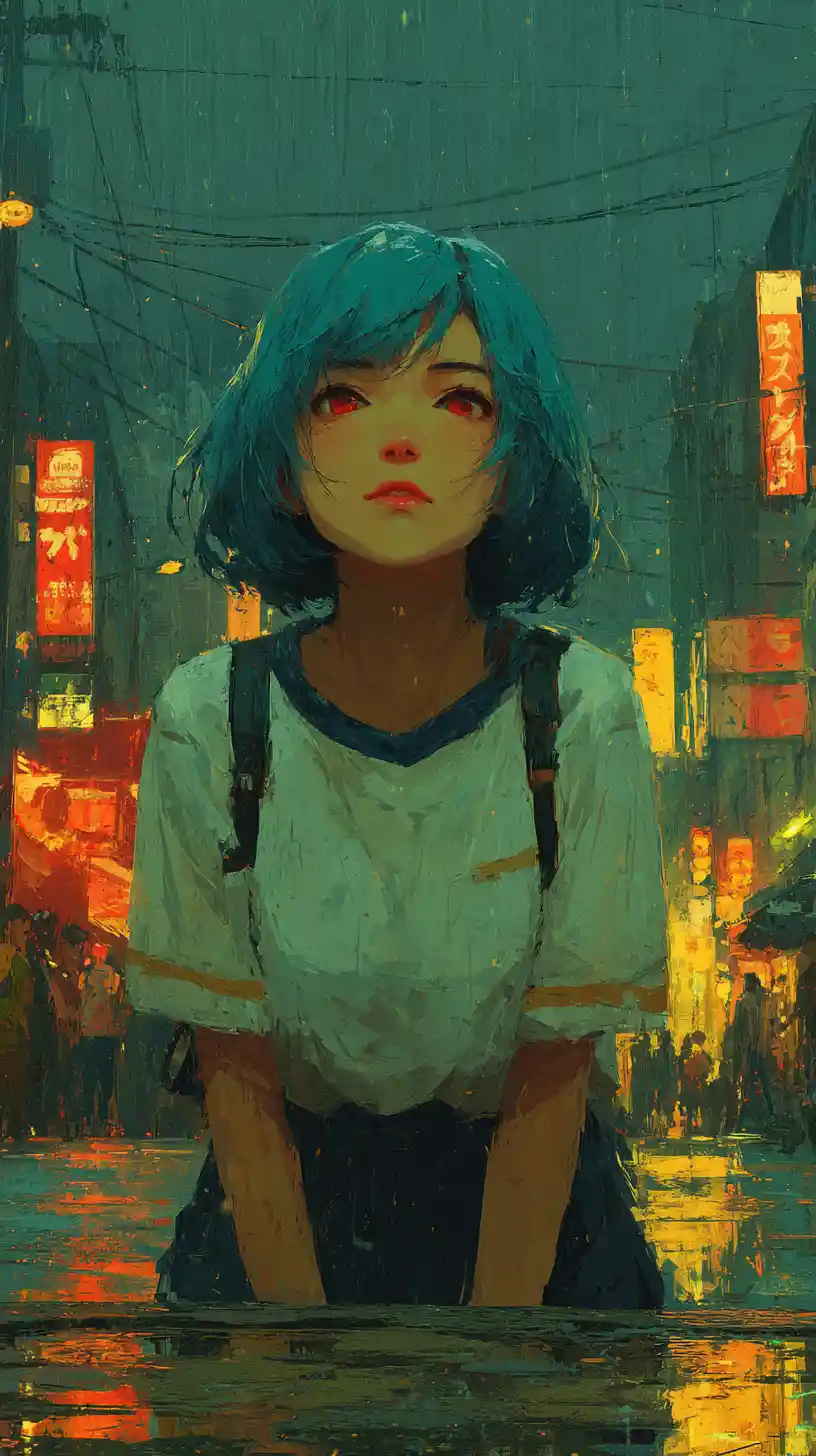 Anime girl standing on a rainy city street at dusk