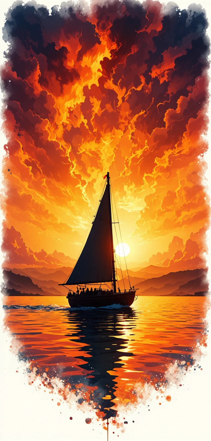 Sailboat silhouette gliding across calm sunset waters