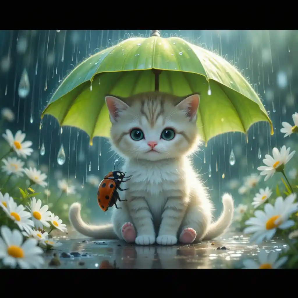 Winziges Kätzchen, das bei sanftem Regen unter einem Blatt Schutz sucht