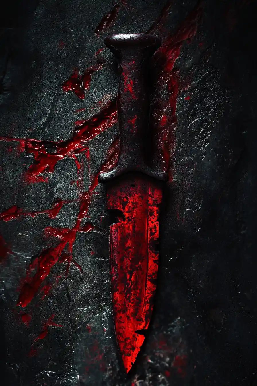 Ominous knife emerging from dark grimy background