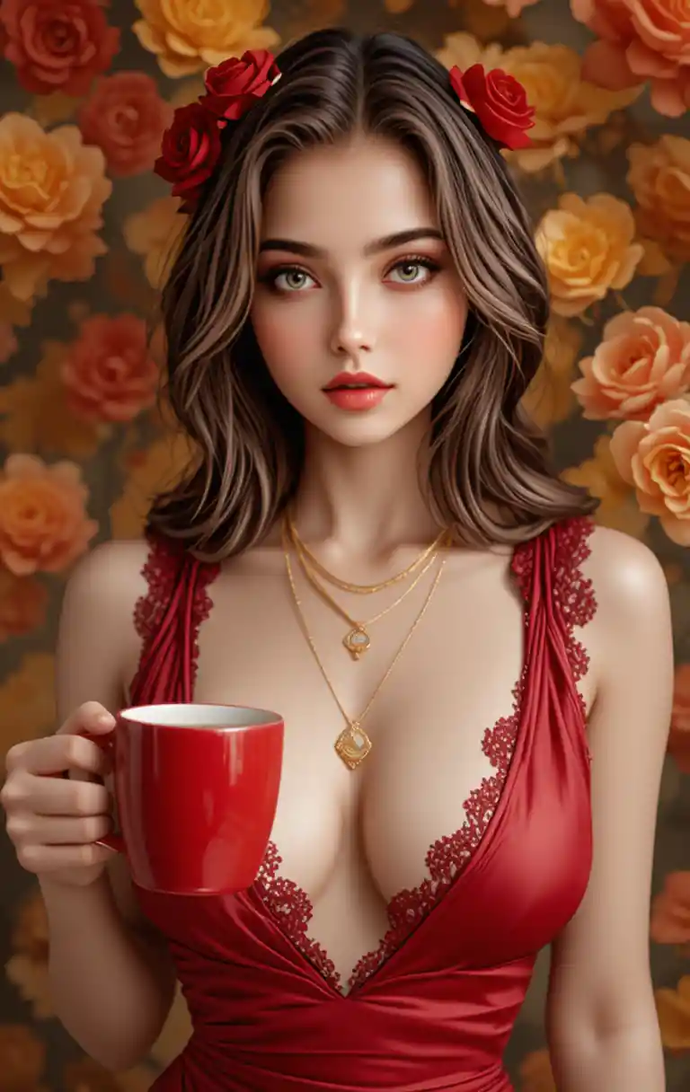 Fantasy asian woman with roses and red satin dress