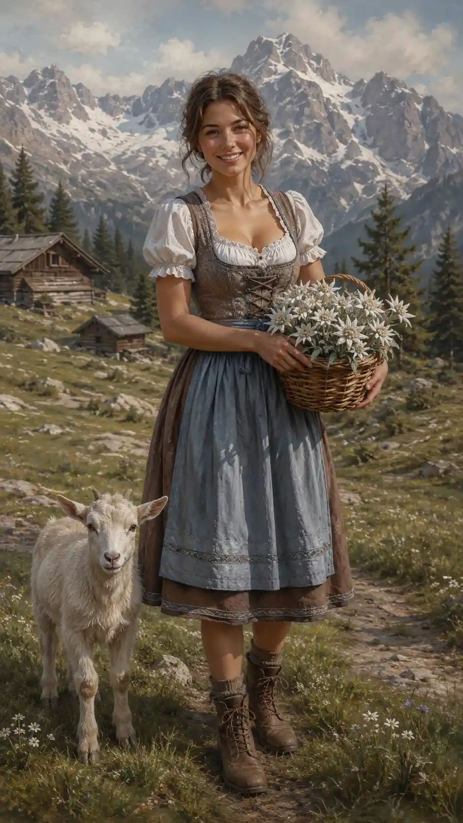 Woman In Dirndl With Baby Goat In Alpine Meadow