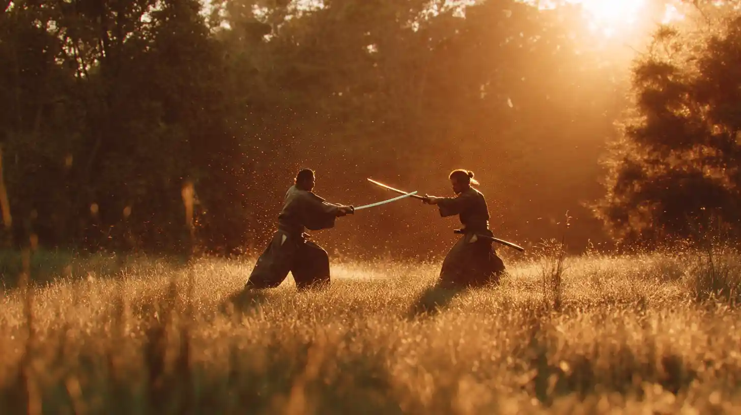 Two samurai warriors dueling on a sunlit Japanese meadow