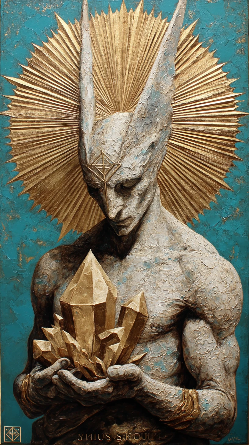 Divine egyptian warrior holding crystal pyramids in sunlight