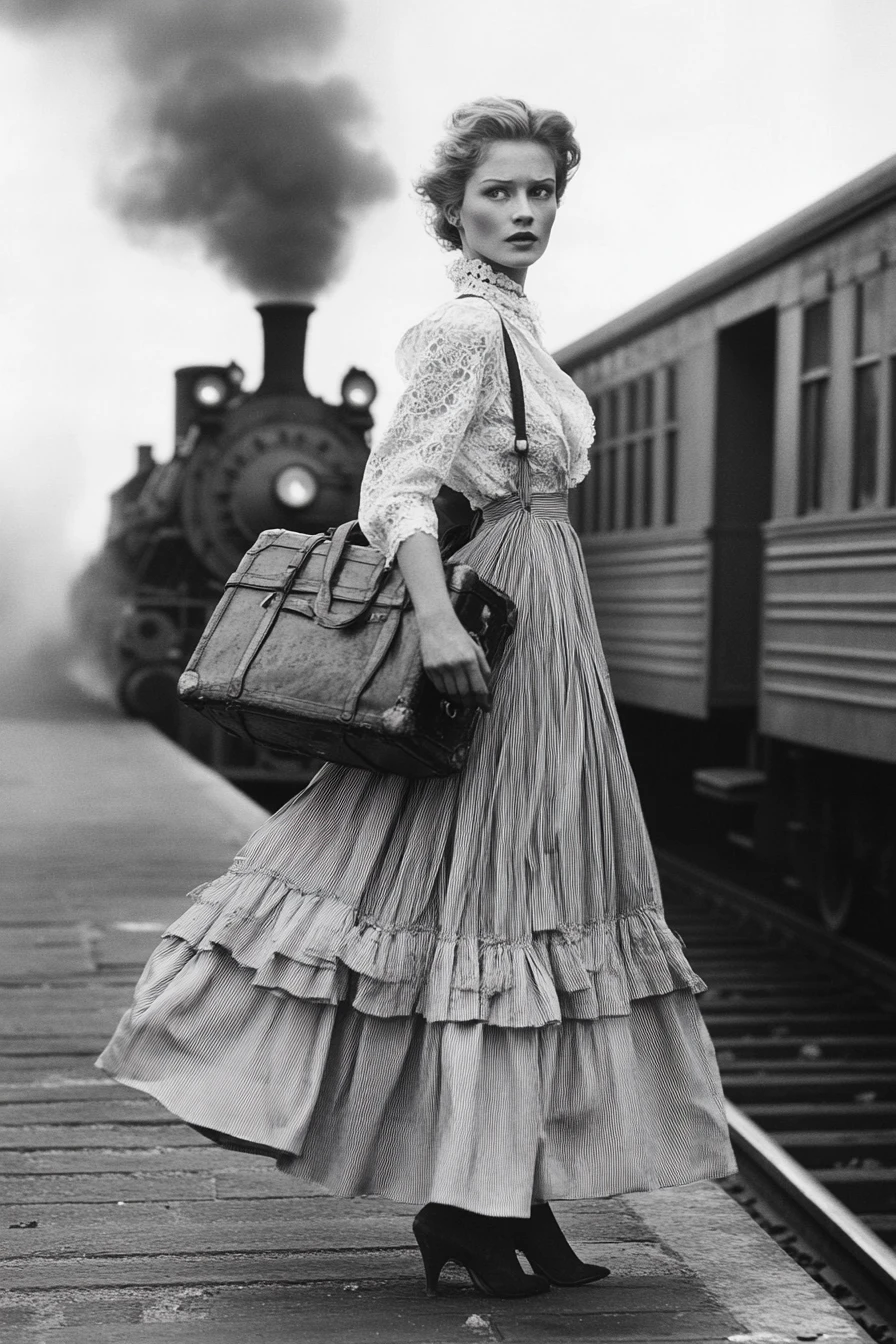 Anxious woman on a vintage train station platform