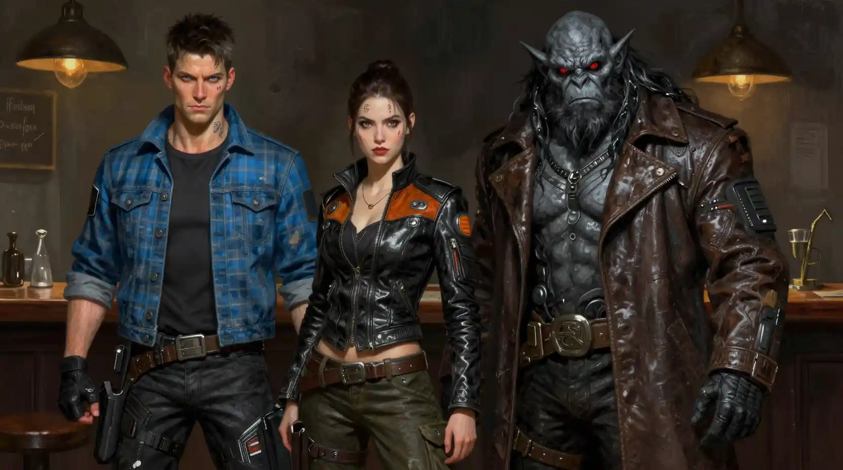 Three space fantasy warriors in a gritty bar interior