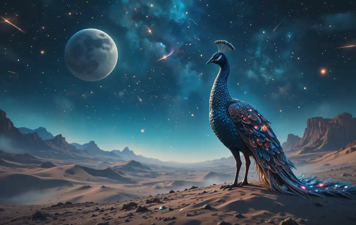 Cosmic peacock standing in a vast alien desert