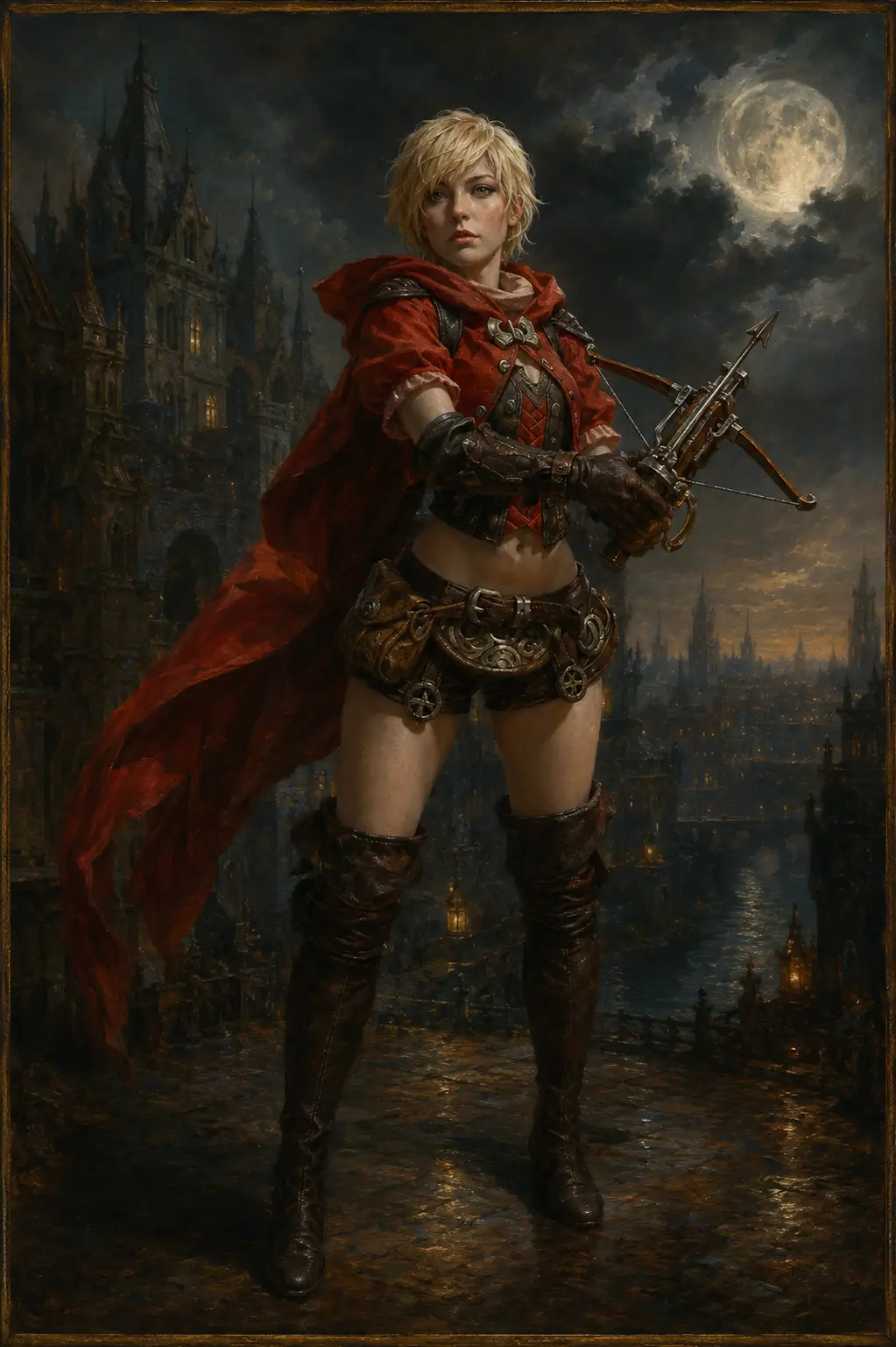 Renaissance style portrait of a armed girl at night