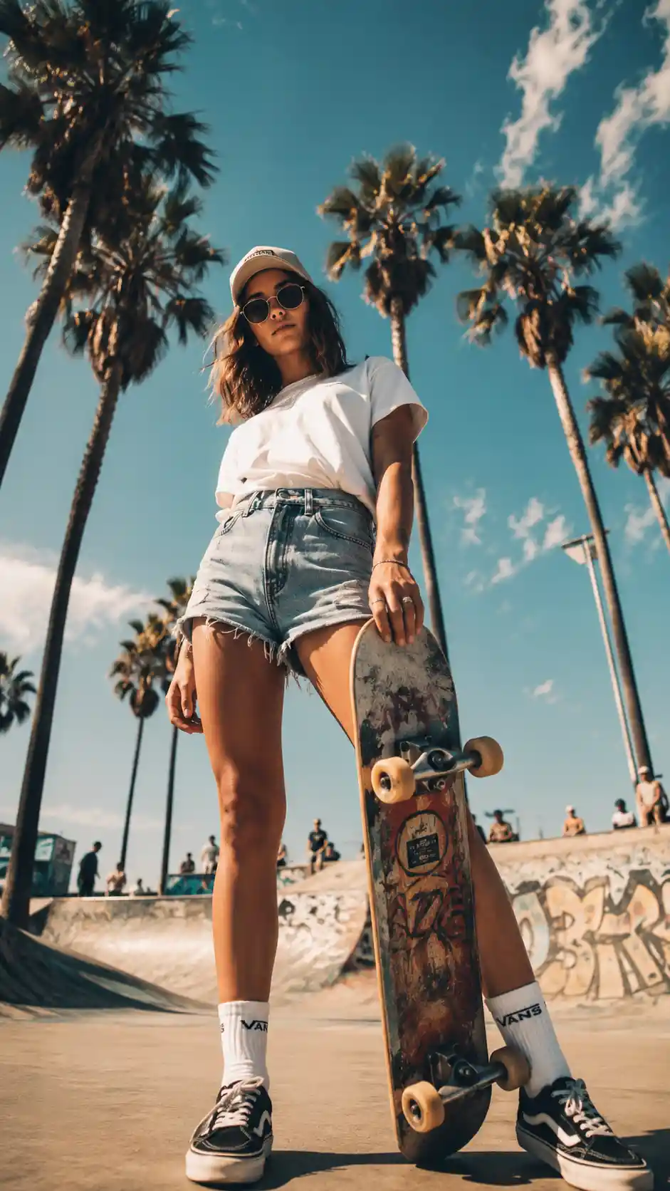 Confident skater girl under palm trees at sunny skatepark