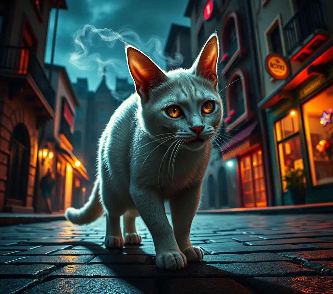 Anthropomorphic white cat rogue in a surreal gothic alley