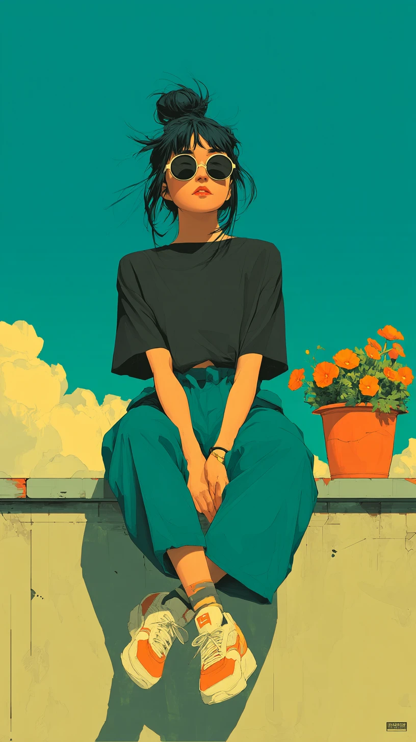 Relaxed girl sitting on a balcony wall at sunset
