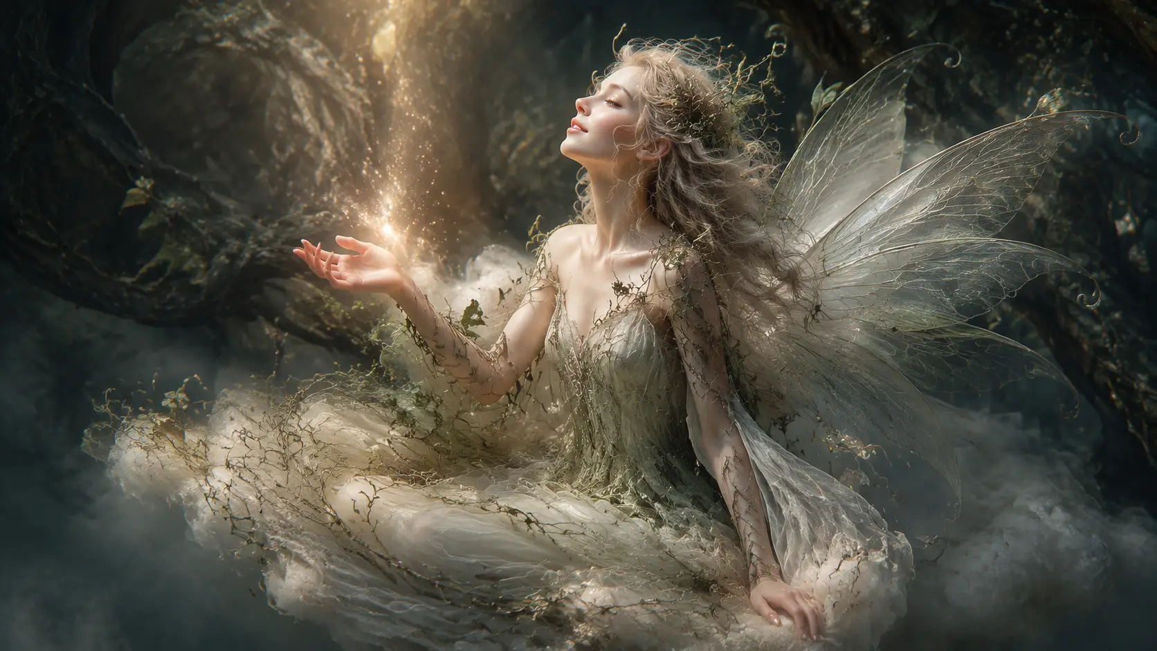 Ethereal fairy resting on a floating misty cloud