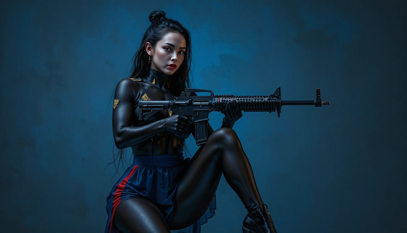 Frau in Marine-Bodypainting mit Sturmgewehr