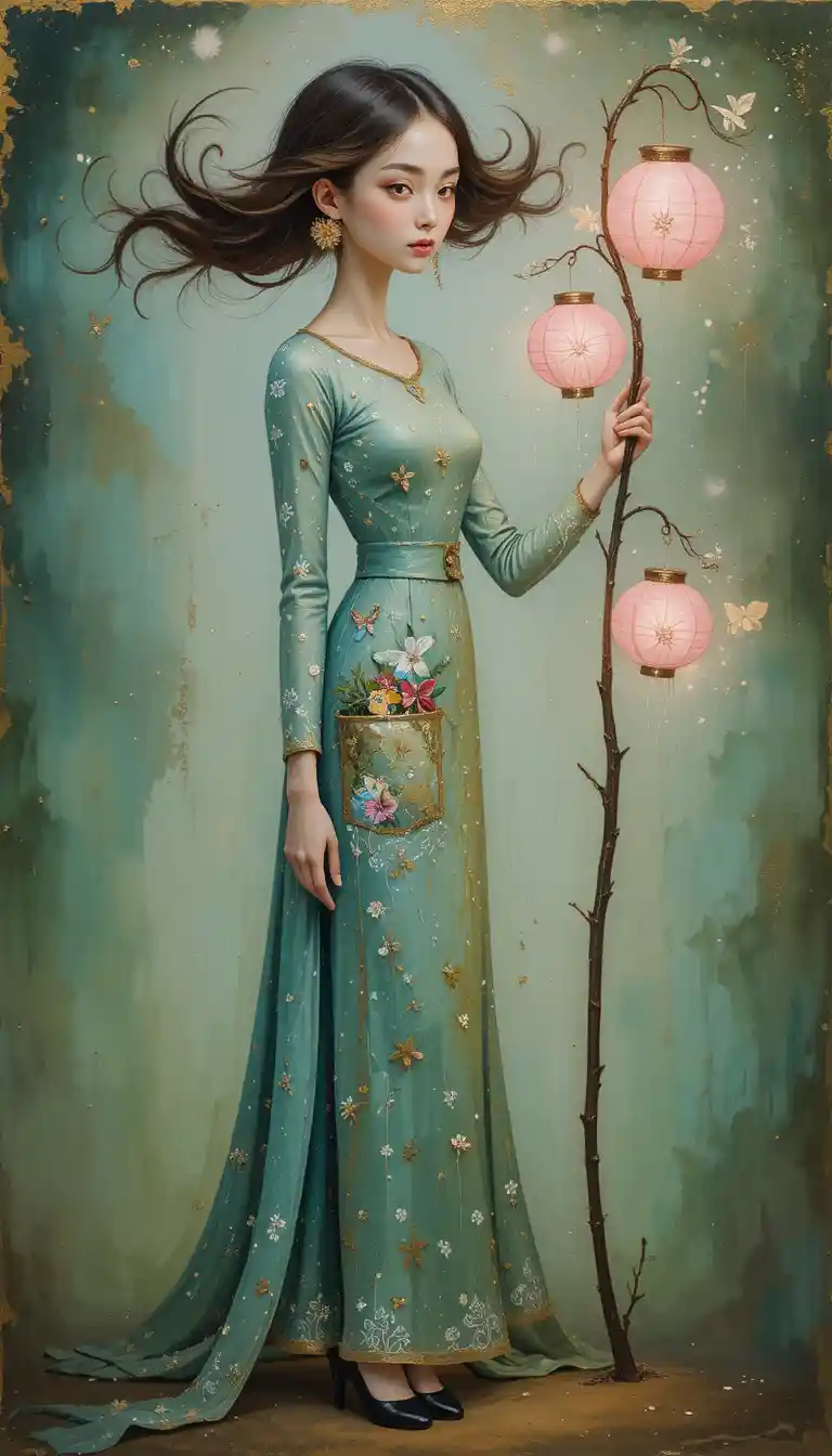 Surreal elongated woman with glowing pink lanterns