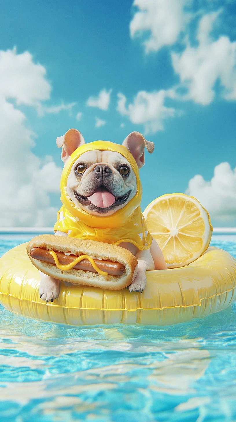 Cartoon dog mascot in a lemon outfit on hotdog bun