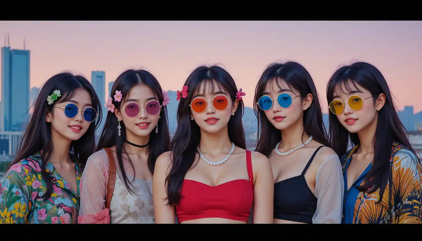 Korean hip hop crew of five women against city skyline