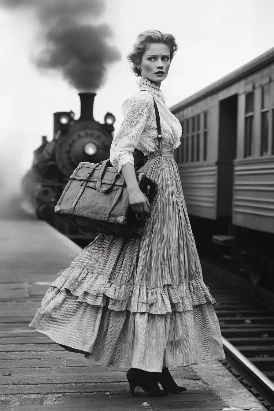 Anxious woman on a vintage train station platform
