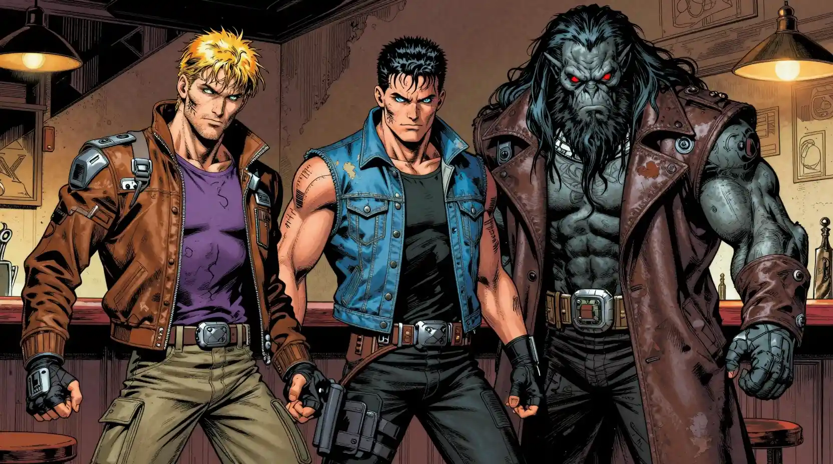 Three space fantasy warriors in a gritty bar standoff