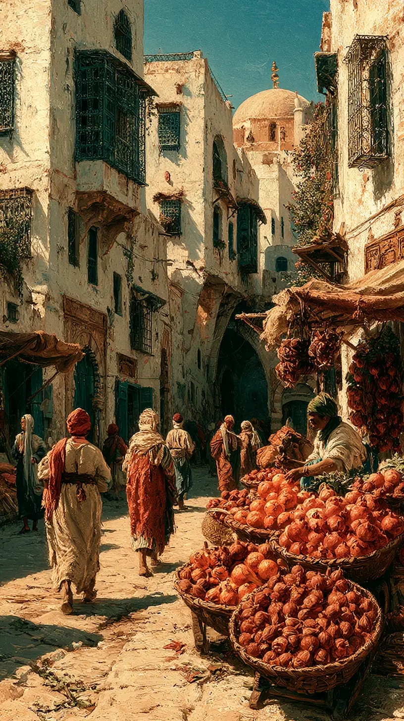 Nineteenth century Algiers casbah street with market vendors