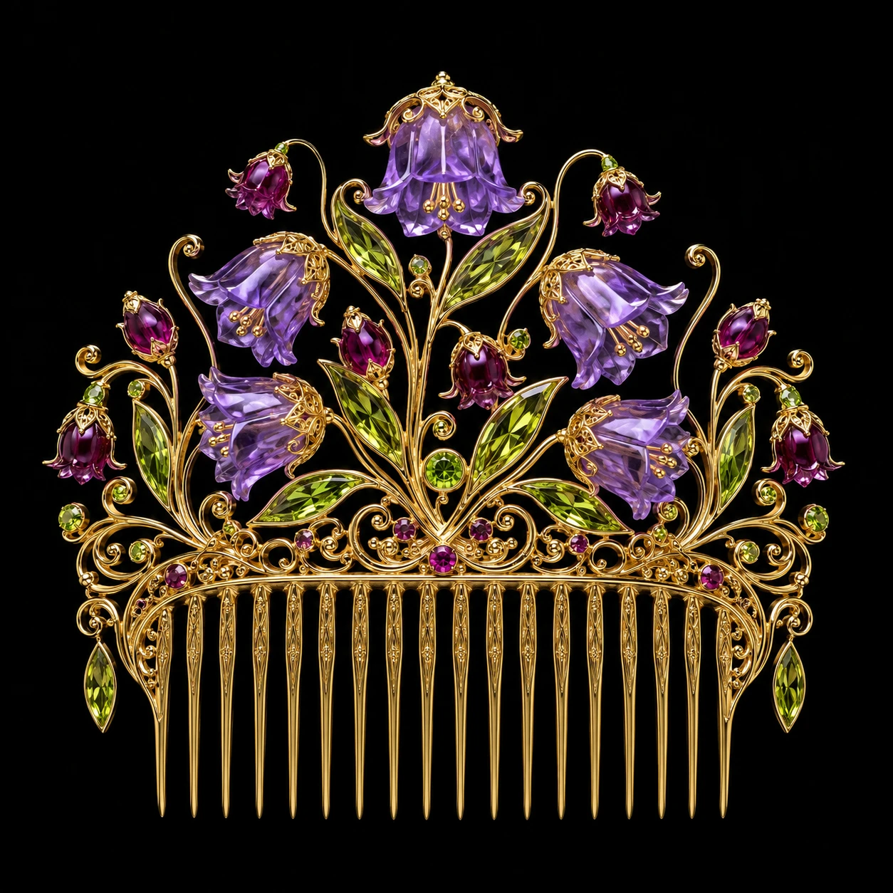 Peineta de filigrana de oro con campanillas de amatista y peridoto