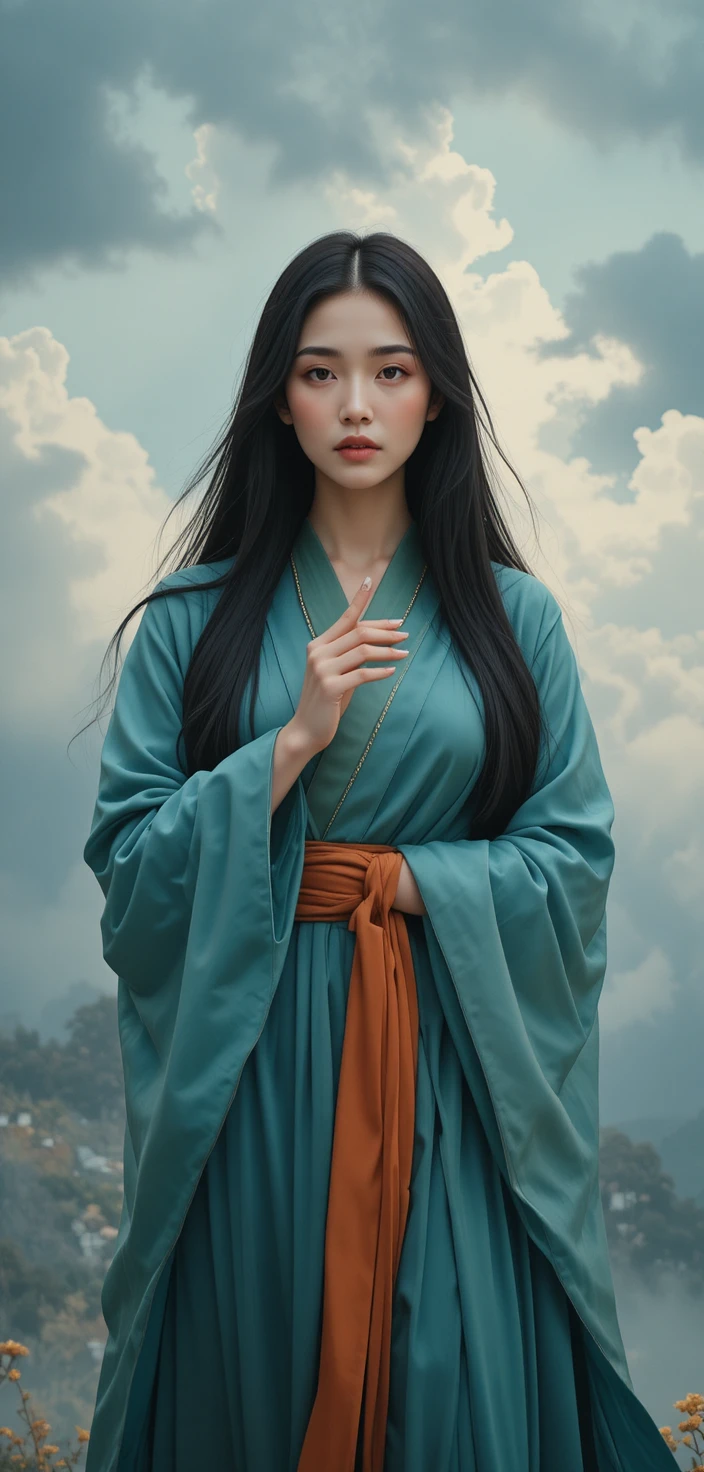 Serene Asian Woman In Teal Robe Beneath Dramatic Clouds