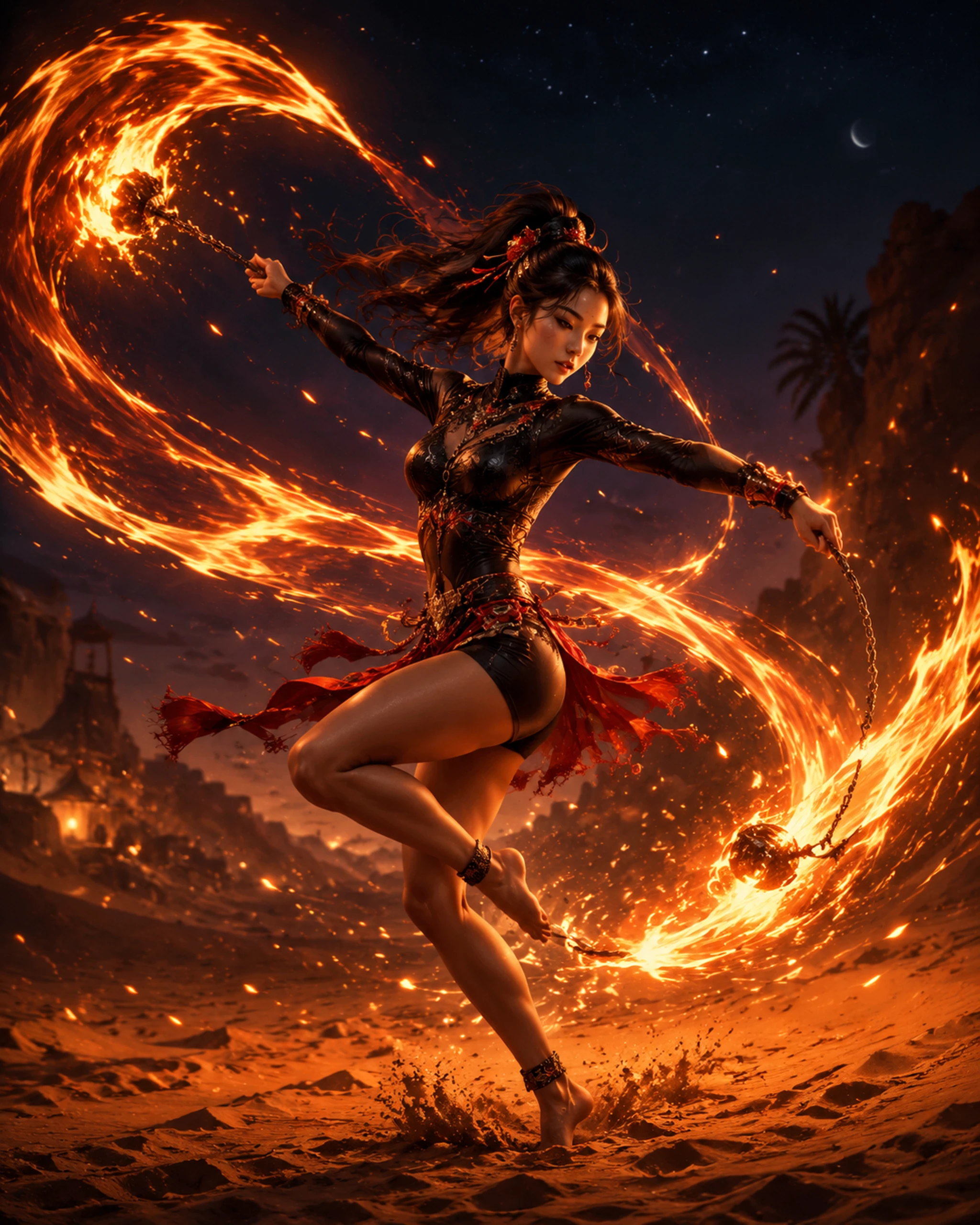 Chinese fire dancer spinning blazing chains in desert night