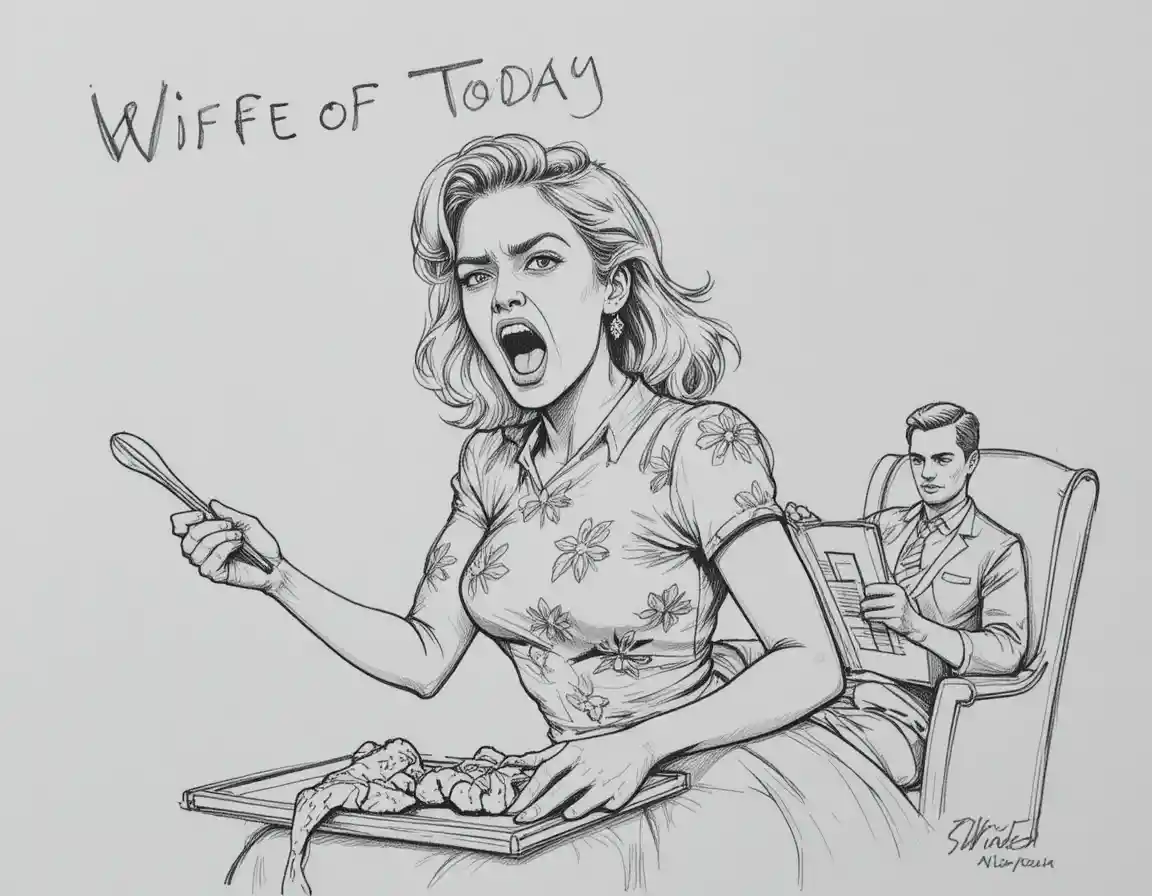 Frustrated wife ironing while her husband reads in a chair