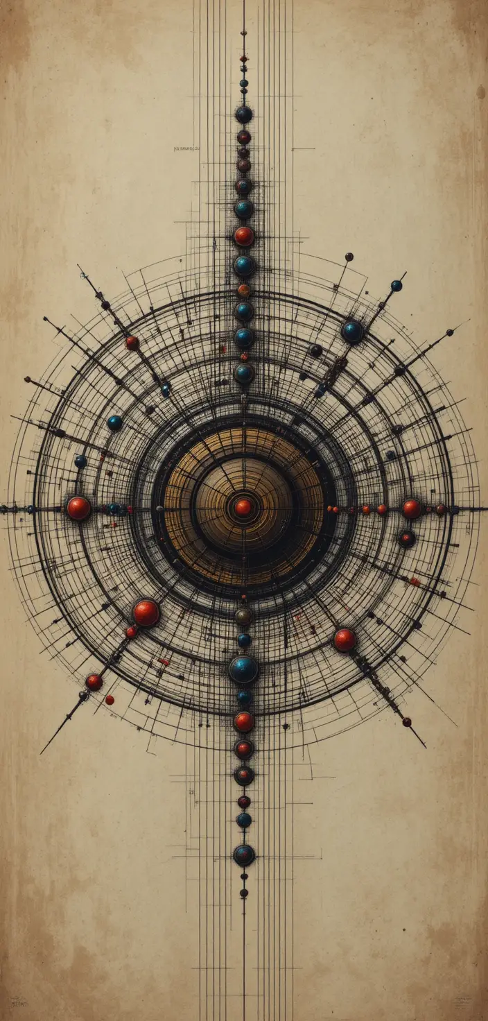 Abstract concentric circles with colorful cosmic orbs