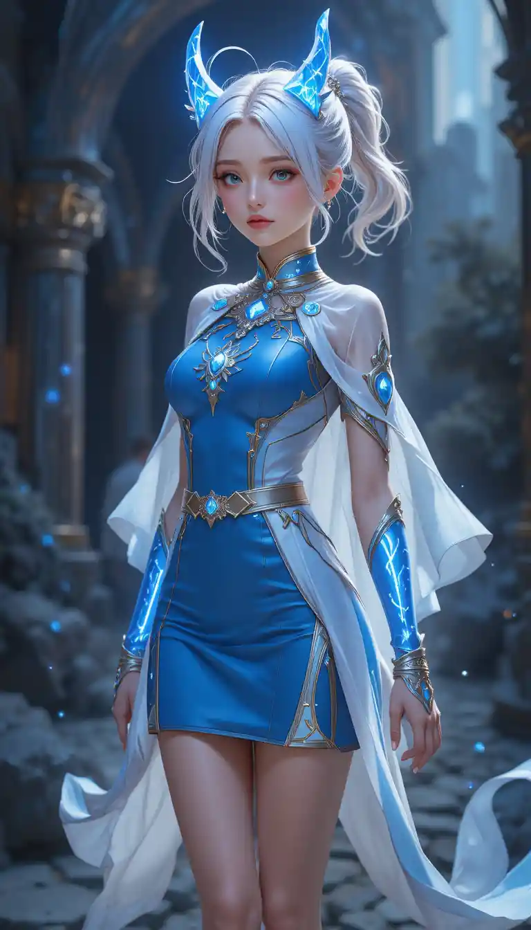 Young anime eliatrope girl with glowing blue antler horns
