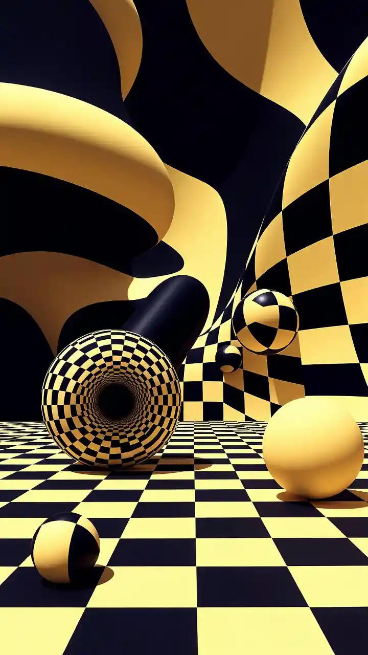 Abstract geometric spheres on op art checkered background
