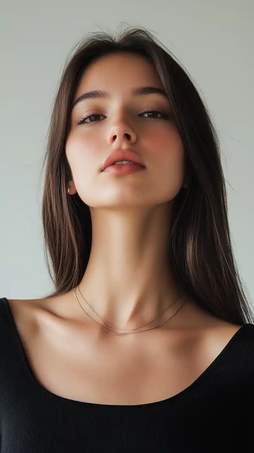Glamorous woman portrait with straight hair and serene expression