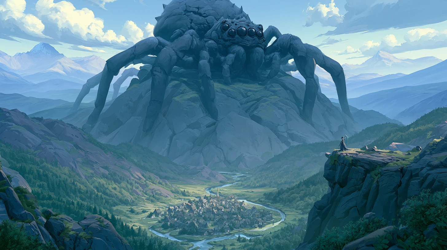Colossal spider on an obsidian throne above mountain valley