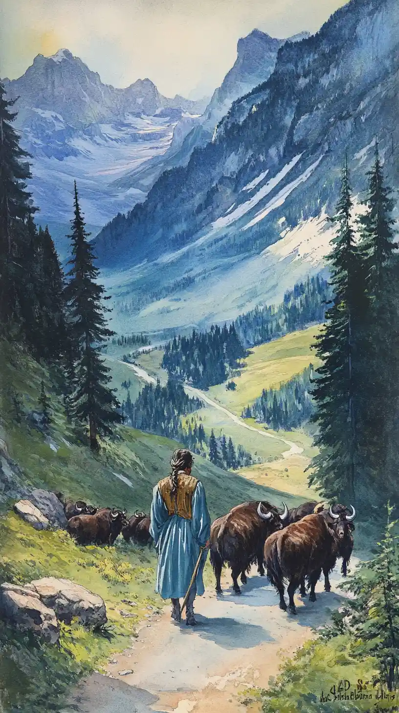 Buffalo herd moving along a road on a forested valley slope