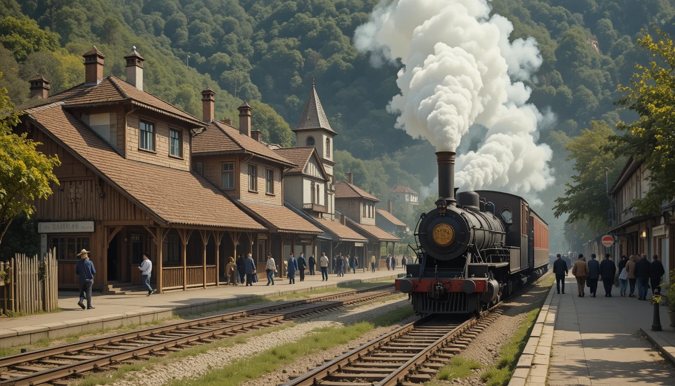 Old village railway station with steam train and carriages