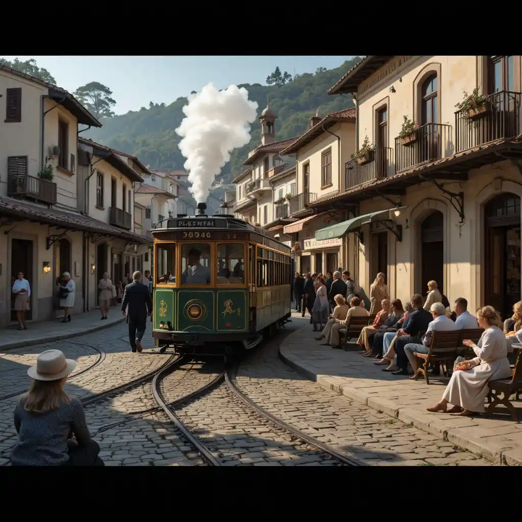Vintage steam train passing through a charming old town street