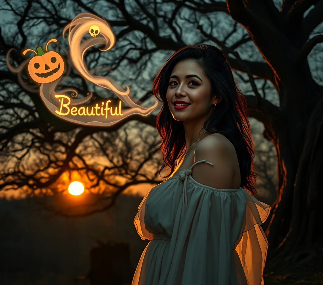 Woman whispering glowing mist at the edge of a forest
