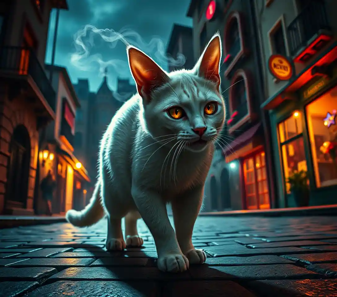 Anthropomorphic white cat rogue in a surreal gothic alley