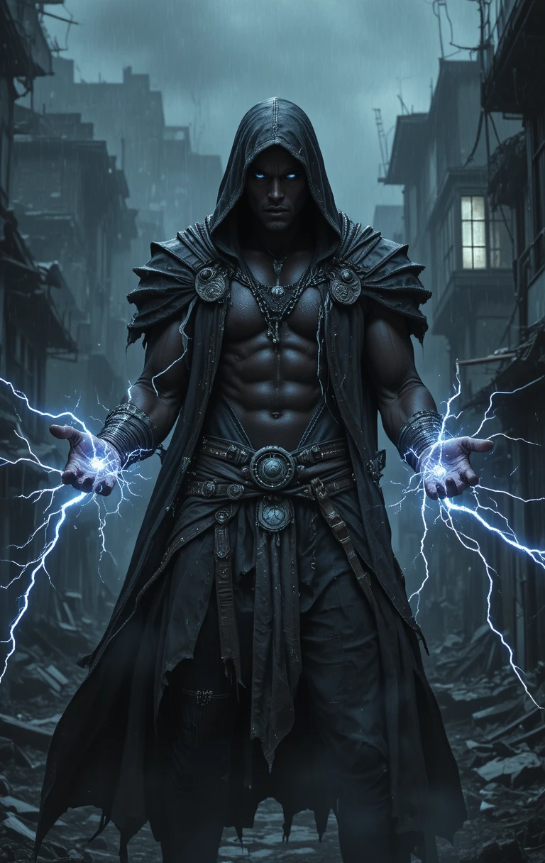 Electric warrior in a ruined dark city street