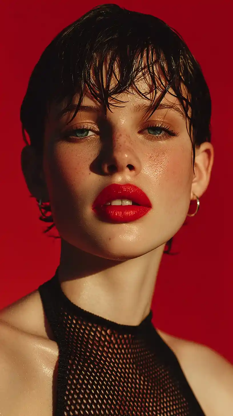 Confident beauty portrait with slicked back hair and bold lip