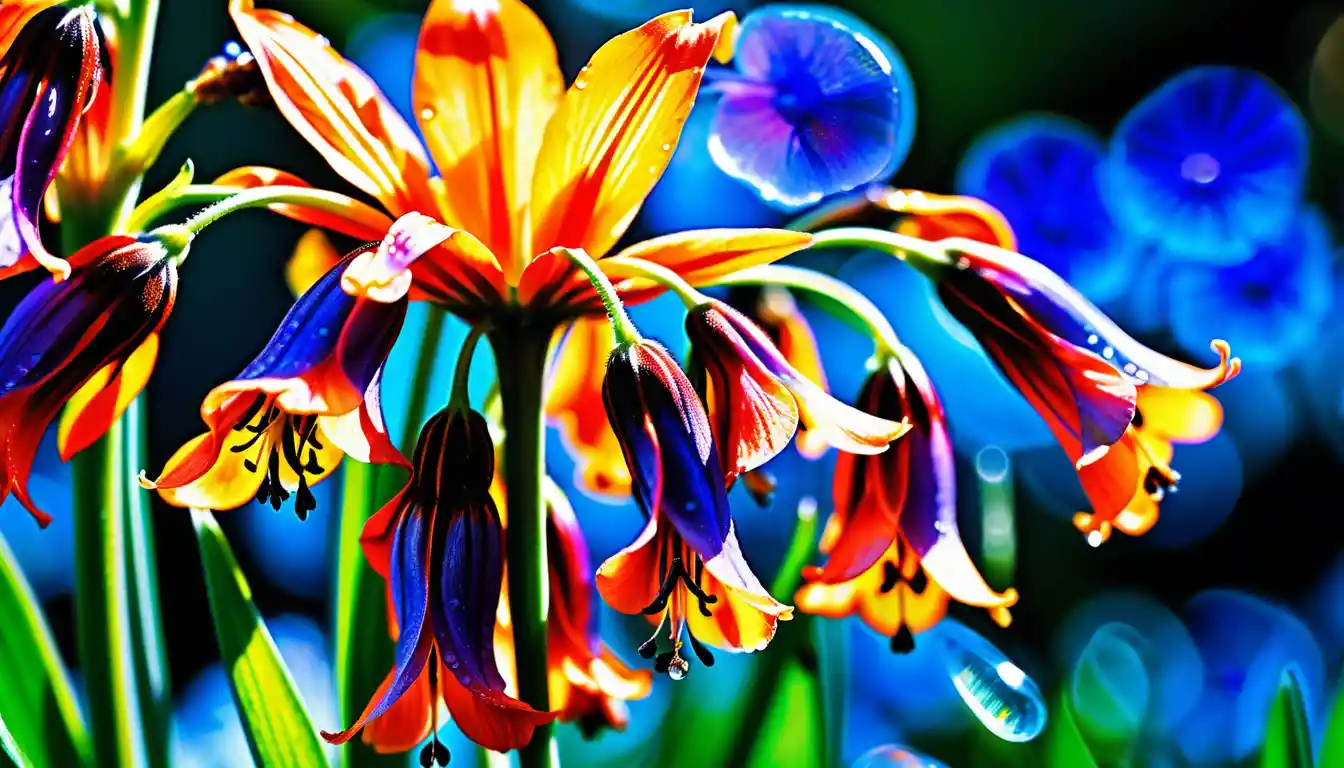 Macro bee on rainbow bluebell flowers by a clear stream