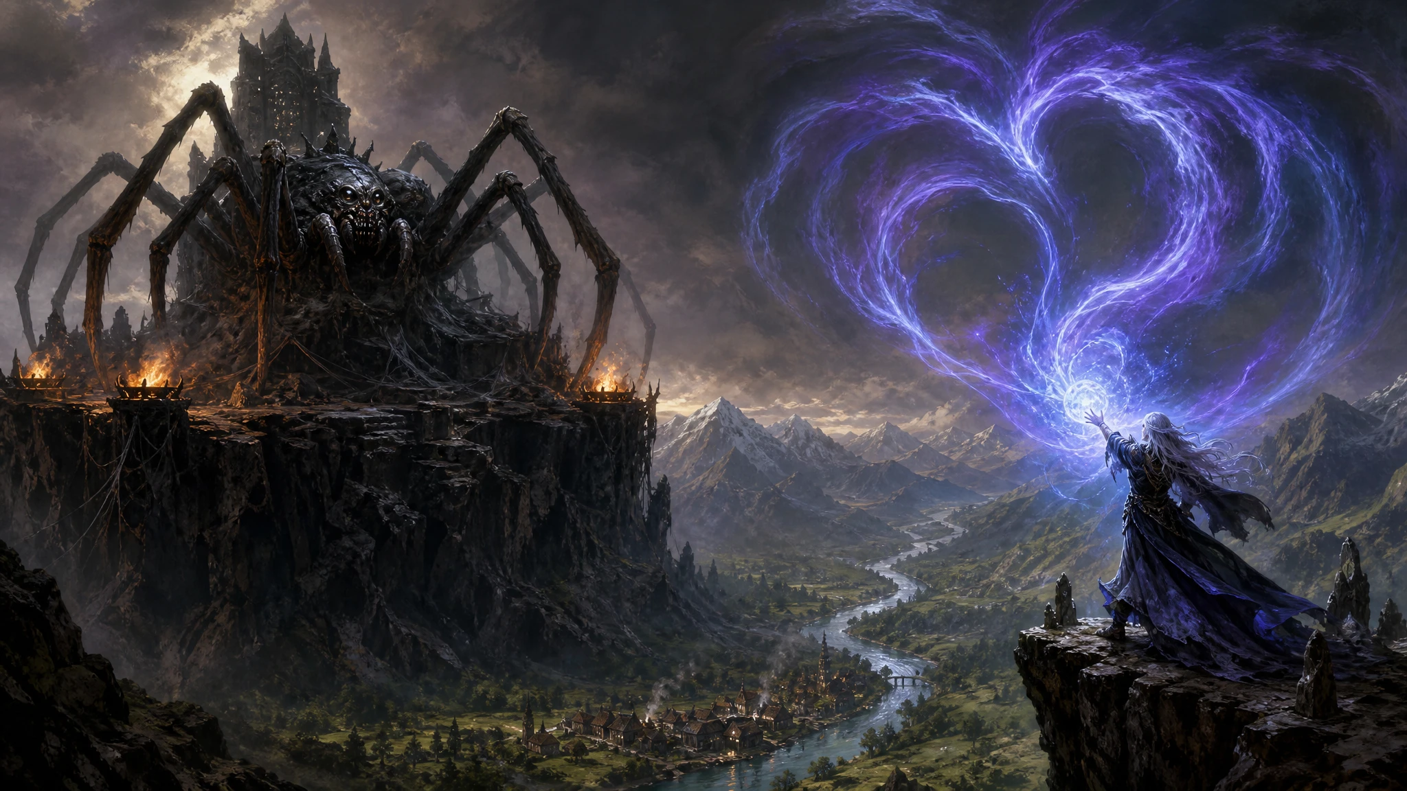 Giant Spider On Obsidian Throne Above Mountain Valley