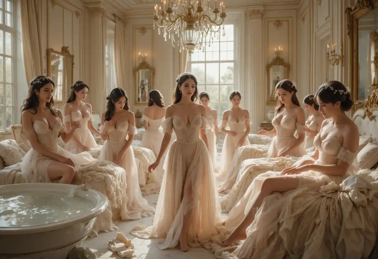Elegant women changing gowns in a luxurious boudoir