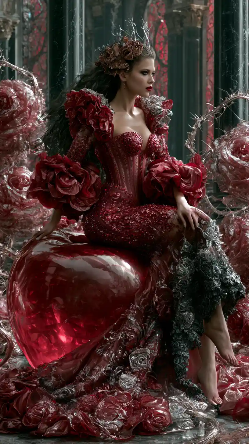 Dark fantasy queen on glowing crystal apple throne